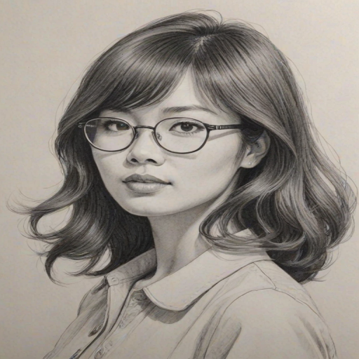 Charming Cathy Ang, pencil sketch, portrait of Comely woman 1965s in glasses, hair style beatnik, outline, clear lines, fine lines, 8k