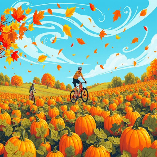 Create a vibrant illustration of an autumn landscape with a cyclist riding through a pumpkin patch, featuring colorful pumpkins in the foreground and swirling leaves in a bright blue sky, using a digital art style with a wide-angle view and a resolution of 300 DPI.
