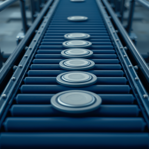 Regenerate a 3D illustration of a dark blue conveyor belt with five circular rollers, using a high-resolution camera with a macro lens at f/8 for depth of field, shooting from a top-down perspective to capture intricate details, in realistic rendering style.