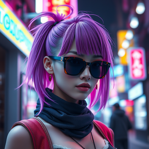 Create a high-resolution image of a futuristic cyberpunk character with purple and pink hair, wearing sunglasses and a dark scarf, set in a neon-lit urban environment, photographed with a Canon EOS R5, 85mm lens, f/1.8 aperture, ISO 100, and soft natural lighting for a sharp focus on details.