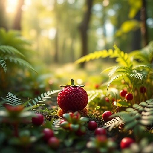 Create a whimsical scene of a cute creature resembling a berry sitting in a lush, green forest, surrounded by vibrant ferns and other berries, with soft sunlight filtering through the trees, captured with a Canon EOS R5 at f/1.8, ISO 100, 85mm lens to enhance depth of field and sharpness.