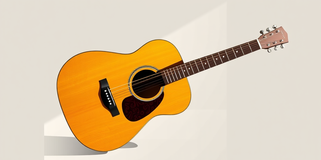 Create a high-resolution vector illustration of an acoustic guitar viewed from the side, with a soft shadow, using a Canon EOS R5 camera at f/4 aperture, 50mm lens, ISO 100, and natural light for enhanced clarity and detail.