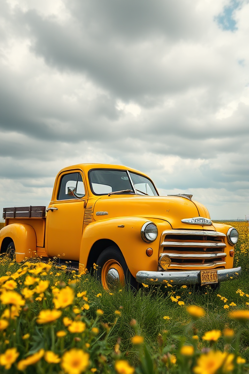 an old yellow truck in a field of yellow flowers under a cloudy sky, vibrant colors, emphasis on the truck's vintage design, taken with a DSLR camera, aperture f/8, shutter speed 1/250s, ISO 100, 50mm lens, side view, soft focus background, high resolution