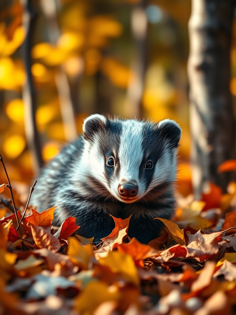 Create a realistic depiction of a cute badger in an autumn forest, surrounded by vibrant orange and yellow leaves, soft natural lighting, shot with a Canon EOS 5D Mark IV, 50mm lens, aperture f/1.8, shallow depth of field, focus on the badger, bokeh background.