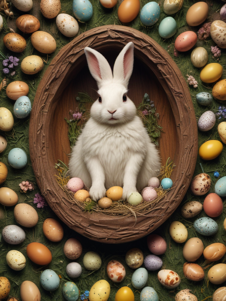 Charming White Rabbit Nestled Among Colorful Easter Eggs and Flowers
