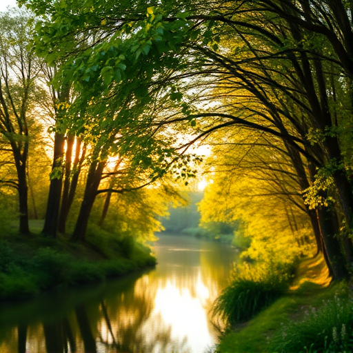 Image of a serene landscape with soft golden light filtering through lush green trees, a tranquil river reflecting the sky, shot with a Canon EOS R5, 50mm lens, aperture f/1.8, ISO 100, in portrait orientation, using a shallow depth of field for a dreamy effect.
