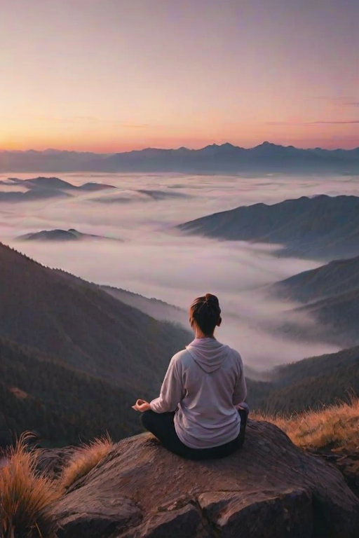Softly lit image of a person meditating on a mountaintop at dawn, soft mist rising from the valley below, with distant peaks bathed in soft pink and orange hues from the rising sun.