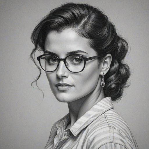 Fetching Nelly Furtado, pencil sketch, portrait of Wonderful woman 1944s in glasses, hair style beatnik, outline, clear lines, fine lines, 8k