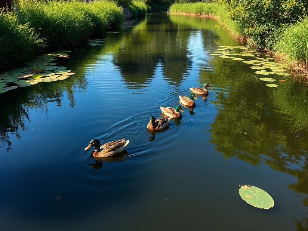 Generate an image of a serene pond with a line of ducks swimming calmly, amidst lush greenery on both sides, captured using a DSLR camera with a 50mm lens, aperture at f/2.8, ISO 100, and a shutter speed of 1/250s, in bright daylight from a low angle view to enhance depth and clarity.