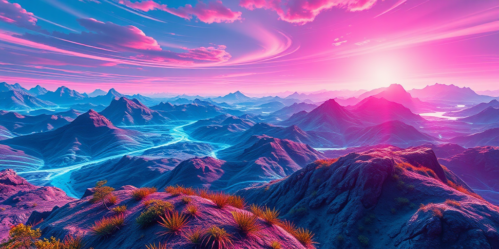 Create a vibrant 2024 digital artwork featuring a futuristic landscape, use a Canon EOS R5 with a 24-70mm f/2.8 lens at ISO 100, aperture f/8, shutter speed 1/125s, wide-angle view, vivid colors, and dramatic lighting to enhance the quality and depth of the scene.
