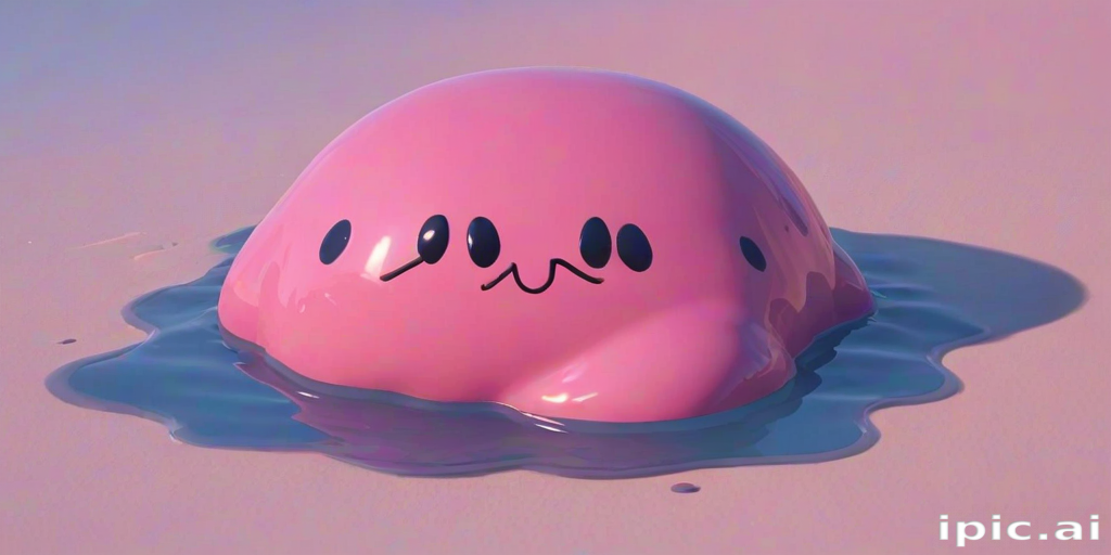 A Cute, Blobby Pink Character Melting Playfully in a Colorful Pool.