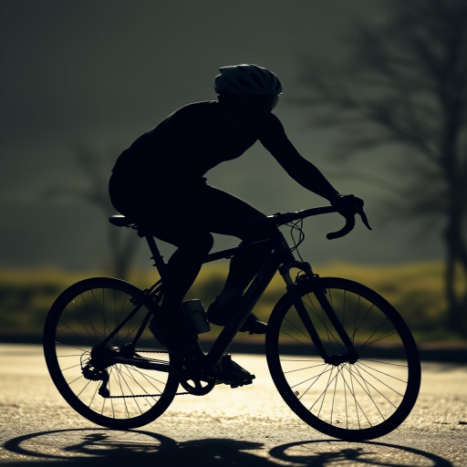 Create a high-resolution image of a silhouette of a cyclist in motion, using a DSLR camera with a 50mm lens, aperture set to f/2.8, shutter speed 1/500s, ISO 100, captured from a low angle to emphasize the dynamic pose and background blurred for depth.