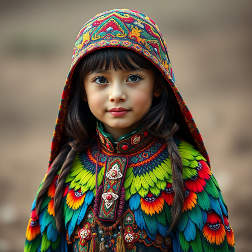A beautiful Eurasian girl, wearing colorful bird clothing with vibrant colors
