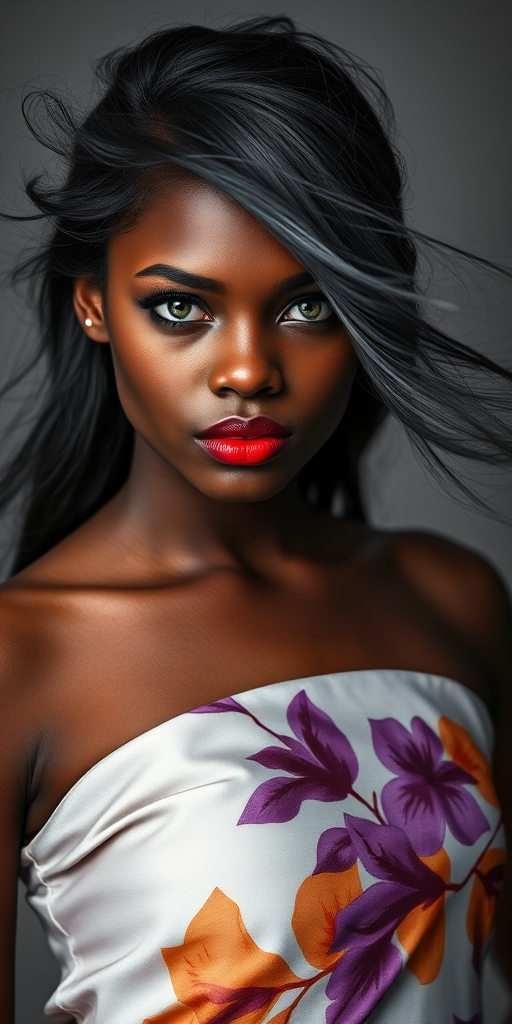 Photographic image of a beautiful young Mulatto woman, green eyes, lips with red lipstick, long hair fluttering in the wind and wearing a silk strapless dress with a soft purple and orange print. monochrome image with only color highlights in the iris of the eyes, lipstick and dress. Gray background.