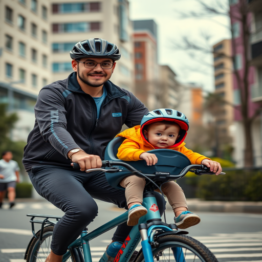 Capture a vibrant, high-resolution image of a man cycling with a child in a safety seat in an urban setting, using a Canon EOS R5, 50mm lens, aperture f/2.8, shutter speed 1/500 sec, ISO 100, shot from eye level to emphasize the interaction between father and child, with a shallow depth of field to blur the background for added focus on the subjects.