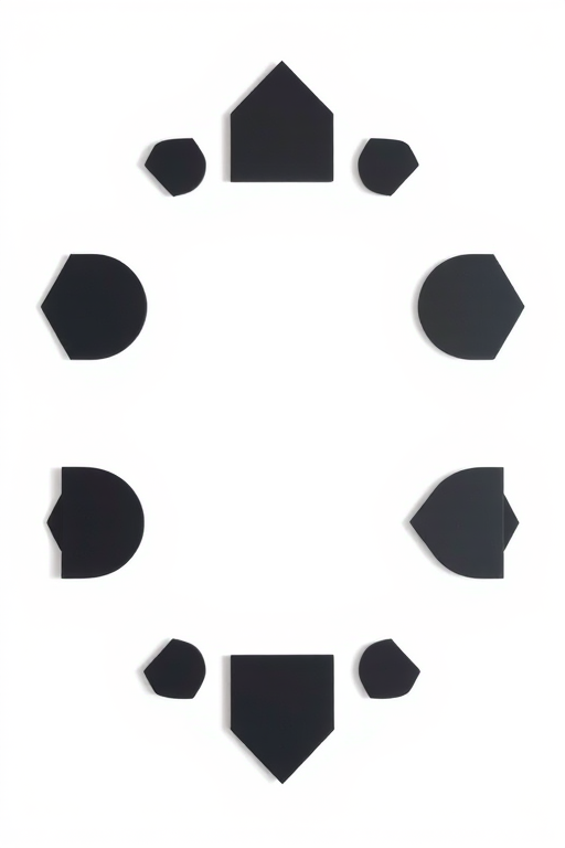 Regenerate an abstract minimalist design featuring geometric shapes in black against a bright white background, using a DSLR camera, 50mm lens, f/1.8 aperture, ISO 100, natural light, and a top-down view to emphasize the symmetry and contrast in the composition.