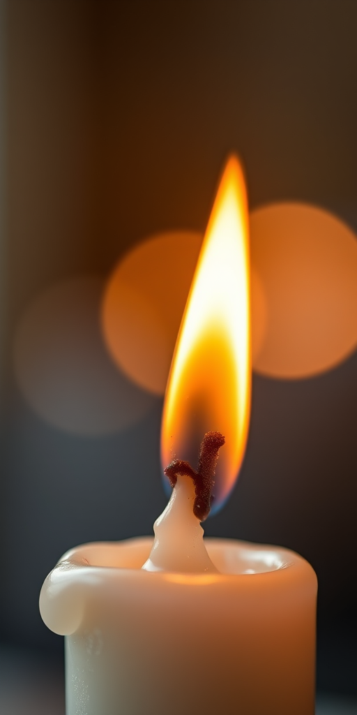 Close-up of a candle flame with melting wax dripping, soft bokeh background, shot with a DSLR camera, ISO 100, f/2.8, 50mm lens, natural light, warm tones.
