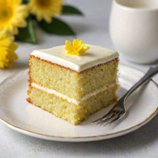 Generate an image of a slice of lemon cake on a white plate. The cake should have three layers with a creamy frosting, decorated with small yellow flowers. In the background, there should be a whole lemon cake with a similar frosting and floral decoration. The setting should be bright and inviting, with hints of lemon slices around the plate.
