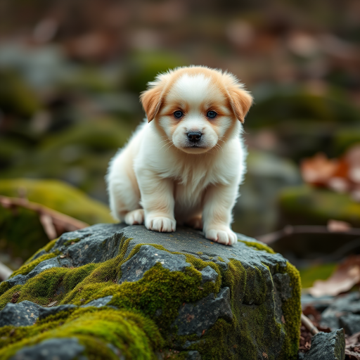 Capture a high-resolution image of a fluffy puppy sitting on a moss-covered rock in a natural outdoor setting, using a Canon EOS R5 with a 50mm f/1.2 lens, aperture set to f/2.8 for shallow depth of field, ISO 100 for minimal noise, and daylight to enhance colors and detail.