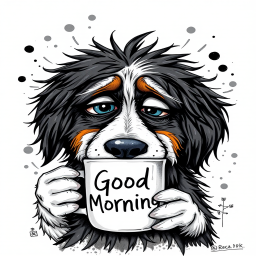 A quirky, artistic illustration of a disheveled greater swiss mountain dog with exaggerated, large eyes and spiky fur, holding a coffee mug that reads "Good Morning". The dog has a tired but humorous expression, with ink splatters and abstract details surrounding it, giving a whimsical feel to the image. The color palette is mostly monochrome with hints of blue in the eyes and steam rising from the mug, enhancing the overall sleepy vibe