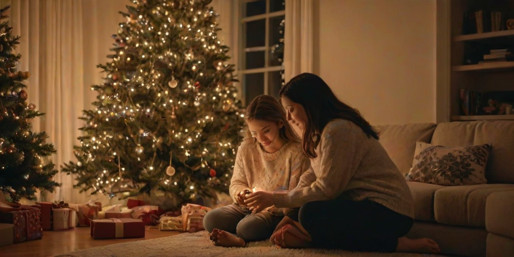 Warm, intimate image of a family decorating a Christmas tree in a cozy living room, soft glow from string lights casting warm shadows on their faces, the smell of pine needles and cinnamon filling the room.
