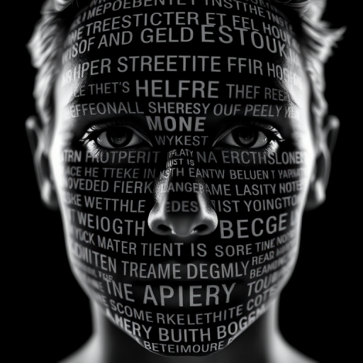 Create a high-contrast black and white image of a human face made up of inspirational text, using a Canon EOS R5 with an ISO of 100, an aperture of f/2.8, a shutter speed of 1/200s, captured in a frontal view with a shallow depth of field for enhanced clarity.