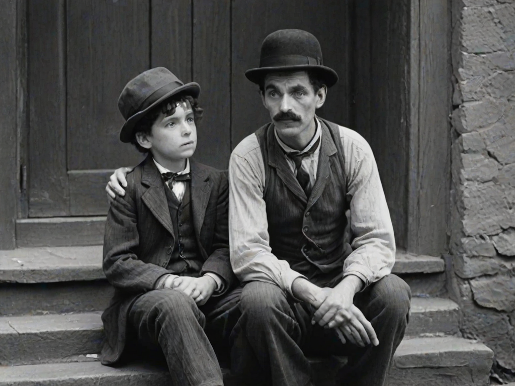 A black-and-white photograph of a man and a child sitting on steps in front of a doorway. The man is dressed as a tramp with a bowler hat, mustache, and ragged clothes, reminiscent of Charlie Chaplin's iconic look. He is sitting with his arms crossed and an expression of slight sadness or frustration. Next to him is a young boy, also in worn clothes and a cap, sitting with his hands clasped, looking thoughtful. The background is an old, textured wall and a partially open door, creating a vintage, early 20th-century atmosphere.