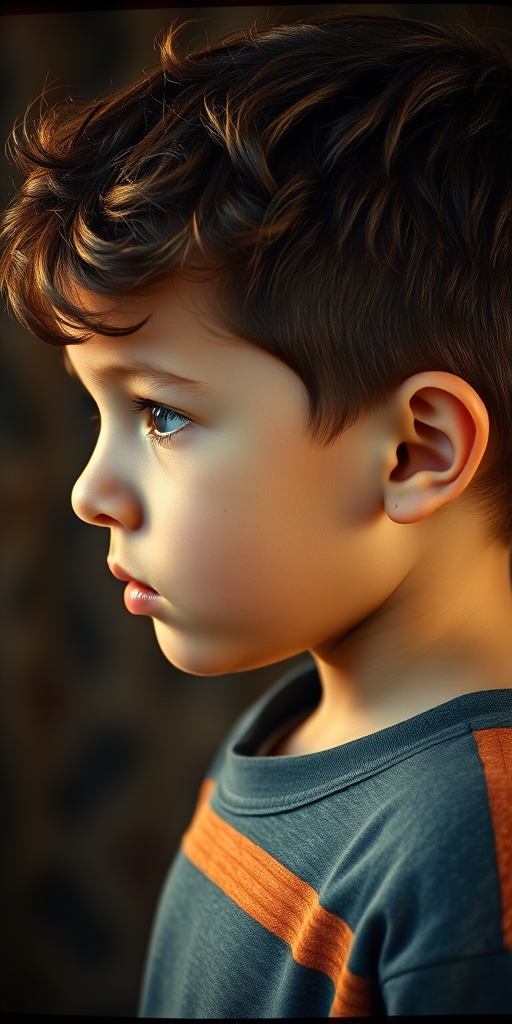 Create an image of a young boy in profile view, capturing textured details of his face and hair with a vintage film style, using a DSLR camera, 50mm lens, aperture f/1.8, ISO 100, and a warm color palette.