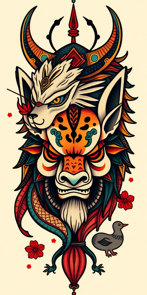 Neo-traditional tattoo titled "Mythic Menagerie" featuring stylized animal portraits with bold outlines and saturated colors, incorporating elements of folklore and mythology with a modern twist on classic tattoo imagery