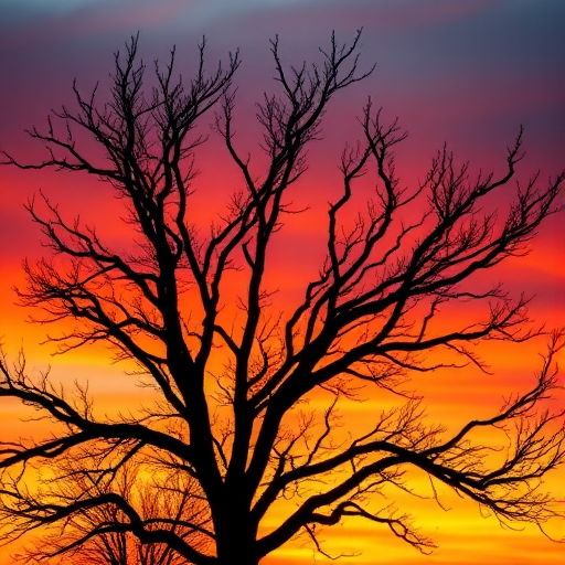 Create a high-resolution image of a tree silhouette against a vibrant sunset sky using a DSLR camera with a 50mm lens, aperture f/1.8, ISO 100, capturing from a low angle perspective to emphasize the height and detail of the tree branches.