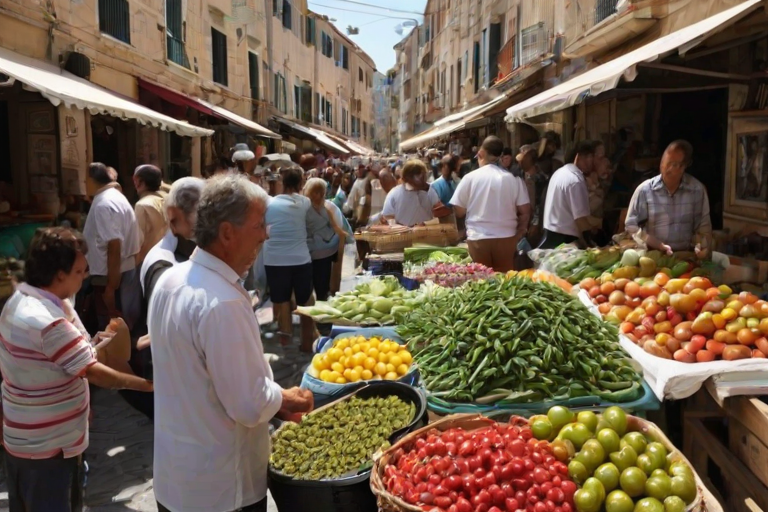 Bustling open-air market in a Mediterranean town, fresh produce piled high, the smell of olive oil and spices in the air, and locals bargaining with vendors.