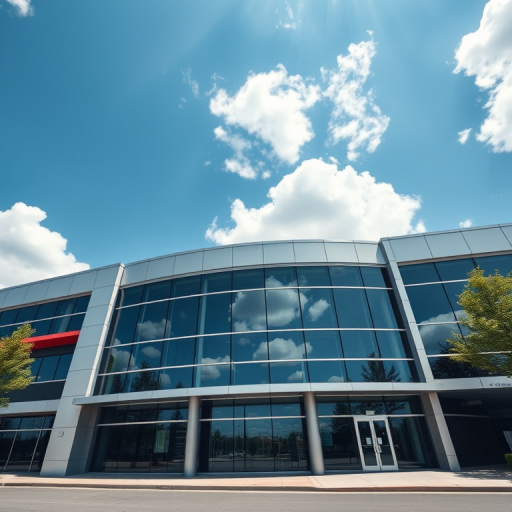 generate a realistic exterior view of a modern commercial building featuring large glass windows and a sleek facade, under clear blue skies with fluffy white clouds, captured in high resolution at a 35mm focal length, f/8 aperture, ISO 100, with a wide-angle lens look using a DSLR camera