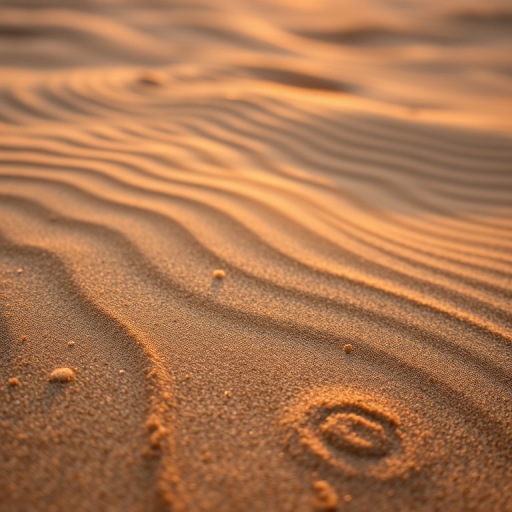 close-up of textured sand with ripples and patterns, shot in natural light at sunset, using a Canon EOS R5 with a 50mm lens, aperture f/2.8, shutter speed 1/125s, ISO 100, shallow depth of field for a blurred background.