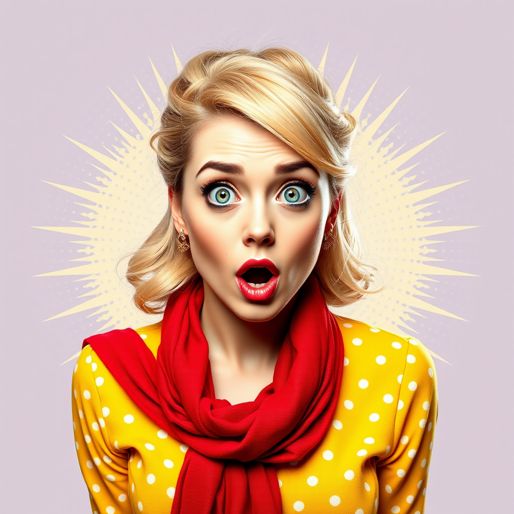 Create a high-resolution pop art illustration of a surprised woman with blonde hair and blue eyes, wearing a yellow dress with polka dots and a red scarf, using a Canon EOS R5 camera, 50mm lens, f/1.8 aperture, ISO 100, 1/200s shutter speed, soft diffused lighting, and a slightly elevated frontal angle for a dramatic effect.