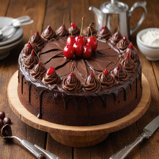 Create an image of a round chocolate cake with rich chocolate decorations on the sides. The cake should be topped with fluffy whipped cream and fresh cherries. Place the cake on a rustic wooden stand, with a natural wood texture in the background. The overall feel should be inviting and delicious, showcasing the dessert in an appealing way.