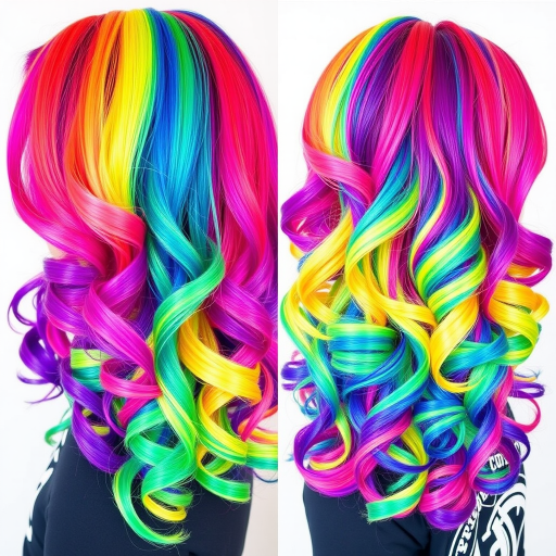 Vivid rainbow hues come together in the playful "Prism Power" hairstyle. Each section of hair is dyed a different bright color, creating a striking, kaleidoscopic effect. The medium-length cut is styled in bouncy, voluminous curls that showcase the full spectrum of colors, resulting in a fun and fearless look that's sure to turn heads.