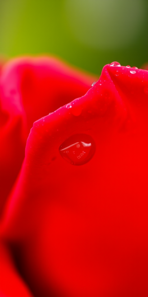 Close-up of a red rose petal with water droplets, shallow depth of field, soft bokeh background, taken with a DSLR camera, 100mm macro lens, aperture f/2.8, ISO 100, shutter speed 1/200 sec, natural light.