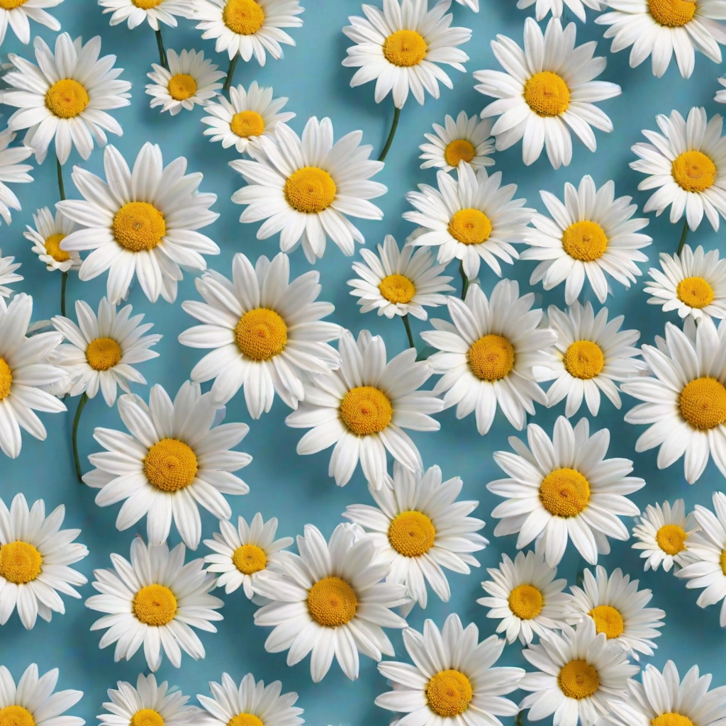 Create a seamless pattern featuring a light blue background filled with white daisies. Each daisy should have a bright yellow center and a simple, clean design. The flowers should be evenly spaced, creating a harmonious and cheerful floral pattern.