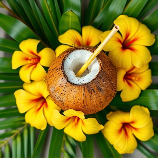 Create a vibrant tropical still life featuring a coconut with a straw, surrounded by yellow hibiscus flowers and green leaves, using a DSLR camera with a 50mm lens, f/1.8 aperture, ISO 100, 1/100s shutter speed, top-down view, high dynamic range imaging for enhanced color saturation and contrast.