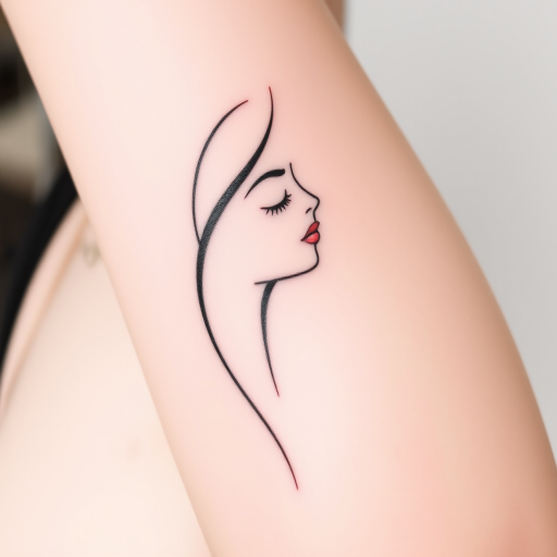 Elegant minimalist tattoo featuring a single continuous line forming a graceful portrait, clean and simple design with subtle curves and angles, understated yet powerful artistic statement
