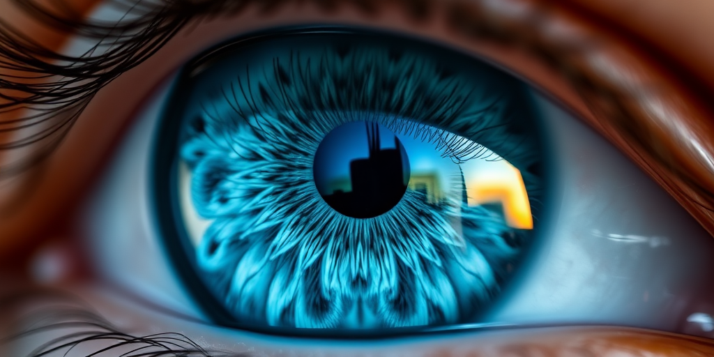 create a highly detailed close-up image of a blue eye with intricate patterns and reflections, using a DSLR camera with a 50mm lens, aperture of f/1.8, ISO 100, natural lighting, and a shallow depth of field to enhance image quality and clarity