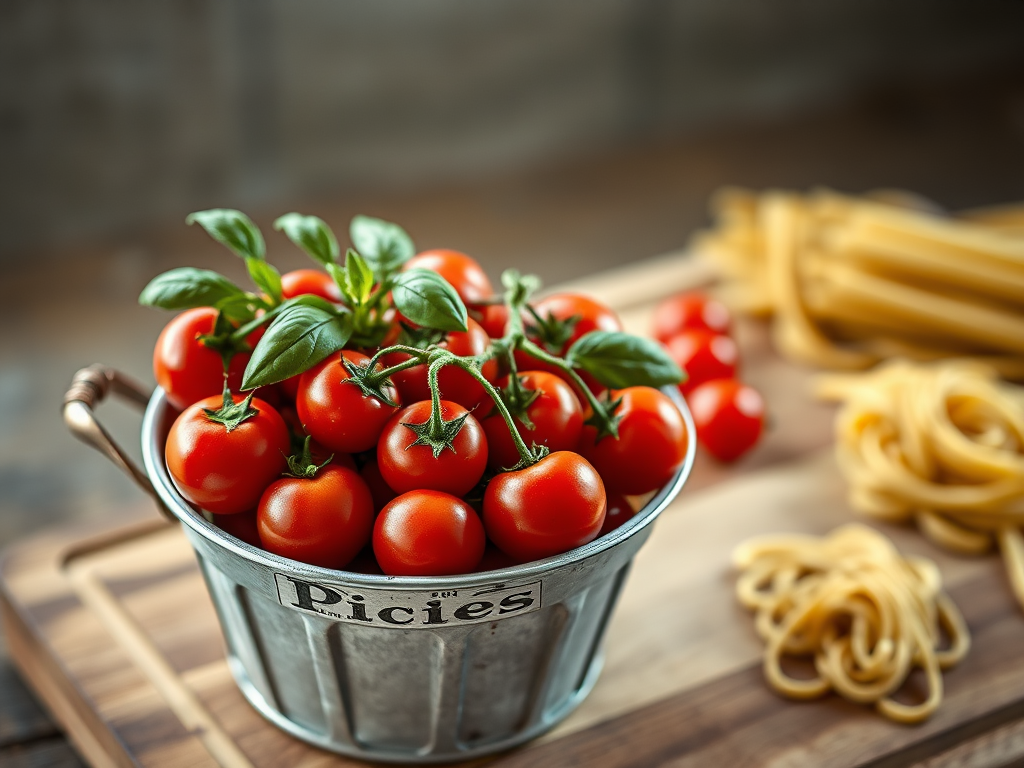 still life of fresh cherry tomatoes in a vintage bucket with basil leaves and pasta on a wooden cutting board, soft natural lighting, shallow depth of field, DSLR camera, 50mm lens, aperture f/1.8, ISO 200, Lightroom editing for enhanced colors and contrast
