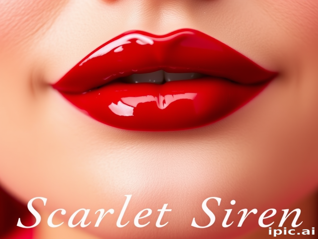 Glossy cherry red lips with a vinyl finish, dubbed "Scarlet Siren," boasting intense pigmentation and a mirror-like shine for classic glamour