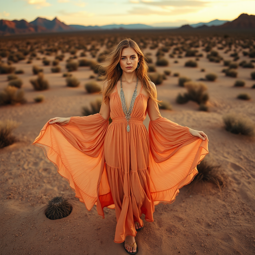 Desert setting, bohemian model, flowy dresses, earthy tones, rustic sunset effect,  equipped with a 12mm lens to capture an overhead view of the model, emphasizing symmetry and spatial positioning