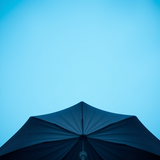 black umbrella on a light blue background with falling raindrops and a slight bokeh effect, shot with a DSLR camera at f/2.8 aperture, 50mm lens, ISO 100, shutter speed 1/200s, overhead view, high contrast and vibrant colors for enhanced clarity
