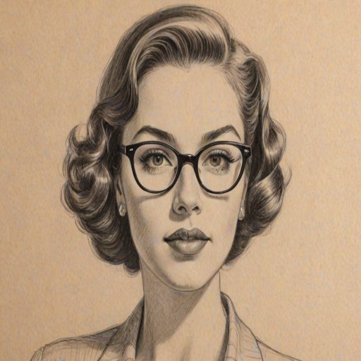 Magnificent Jillian Rose Reed, pencil sketch, portrait of Resplendent woman 1951s in glasses, hair style beatnik, outline, clear lines, fine lines, 8k
