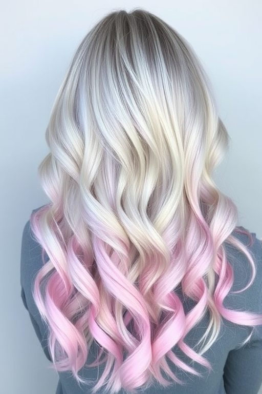 Silver-gray ombre flowing into pastel pink ends, styled in beachy waves, the Moonlit Mermaid style embodies ethereal beauty and otherworldly charm
