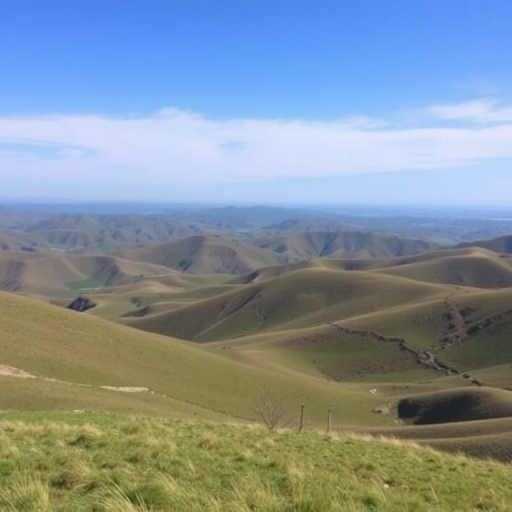 Create an image of a serene landscape featuring rolling hills and a clear blue sky, taken with a DSLR camera at ISO 100, aperture f/8, shutter speed 1/125s, using a wide-angle lens, from an elevated viewpoint, in natural lighting for enhanced image quality.