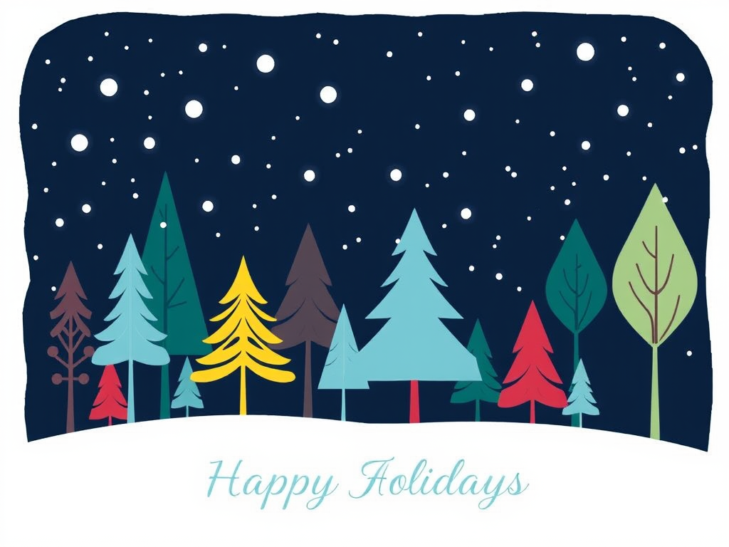 Create a festive winter scene featuring a variety of stylized trees in different colors and shapes, set against a dark blue night sky with falling snowflakes. Include the text "Happy Holidays" in a simple and elegant font at the bottom.