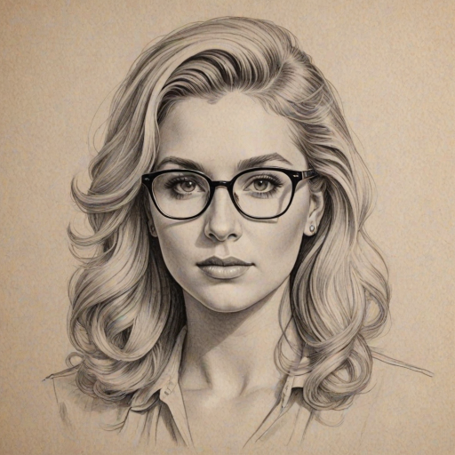 Magnificent Kesha, pencil sketch, portrait of Alluring woman 1946s in glasses, hair style beatnik, outline, clear lines, fine lines, 8k